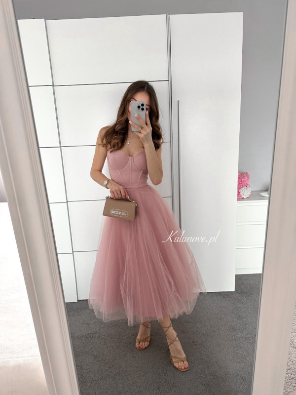 Promise midi - light pink airy dress with corset top with straps
