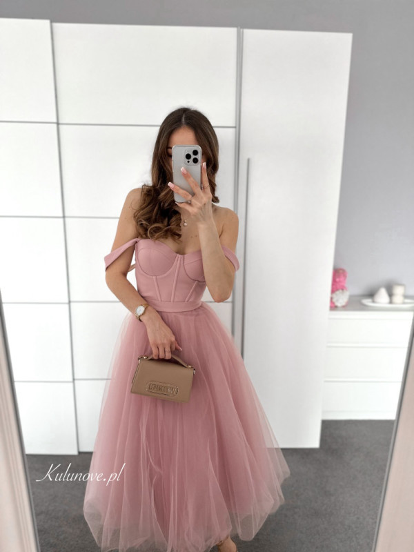 Promise midi - light pink airy dress with corset top with straps