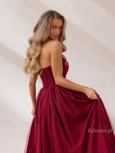 Rebekah - burgundy maxi dress with a tie-front bodice and a V-shaped waist