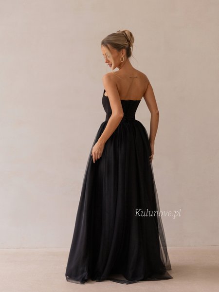 Rebekah - Black strapless maxi dress with a tie-front bodice and a dropped V-waist
