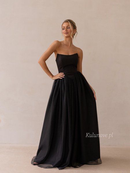 Rebekah - Black strapless maxi dress with a tie-front bodice and a dropped V-waist