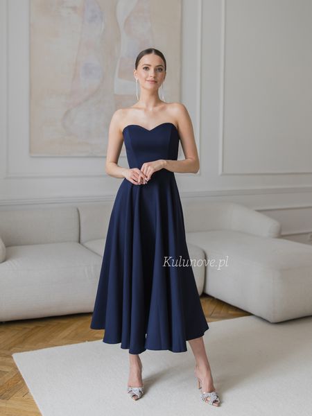 Reverly - navy blue midi dress in a flared cut with a heart neckline