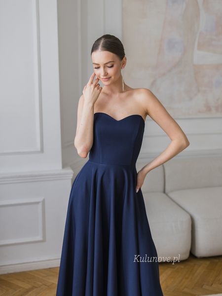 Reverly - navy blue midi dress in a flared cut with a heart neckline