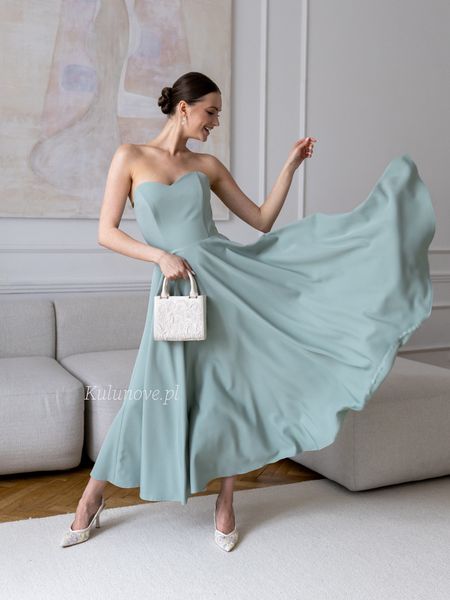 Reverly - sage midi dress of elegant form with emphasized waistline
