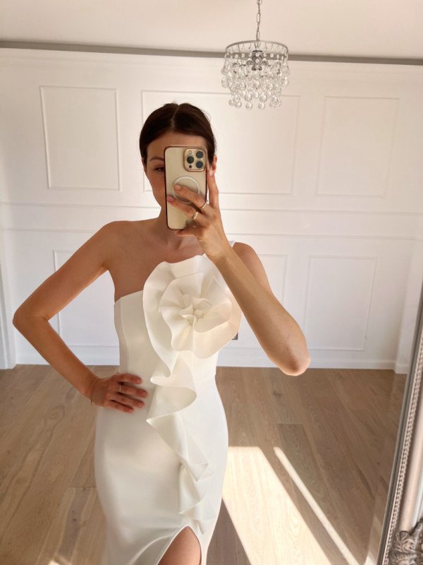 Ronda - fitted one shoulder wedding dress with decorative flower with ruffle