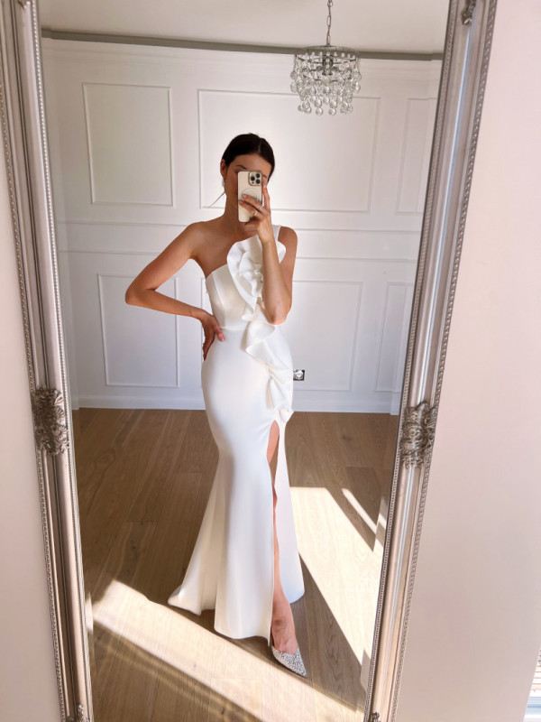 Ronda - fitted one shoulder wedding dress with decorative flower with ruffle