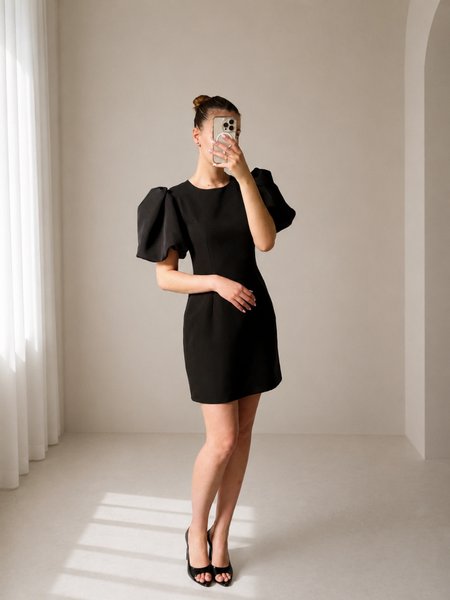 Sabrina - black mini dress with a high neckline and puff sleeves