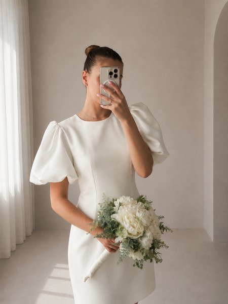 Sabrina - an ecru mini wedding dress with decorative puff sleeves
