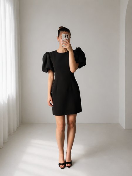 Sabrina - black mini dress with a high neckline and puff sleeves