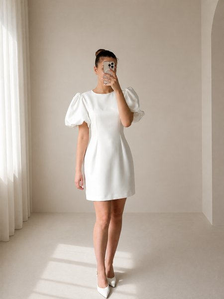 Sabrina - an ecru mini wedding dress with decorative puff sleeves