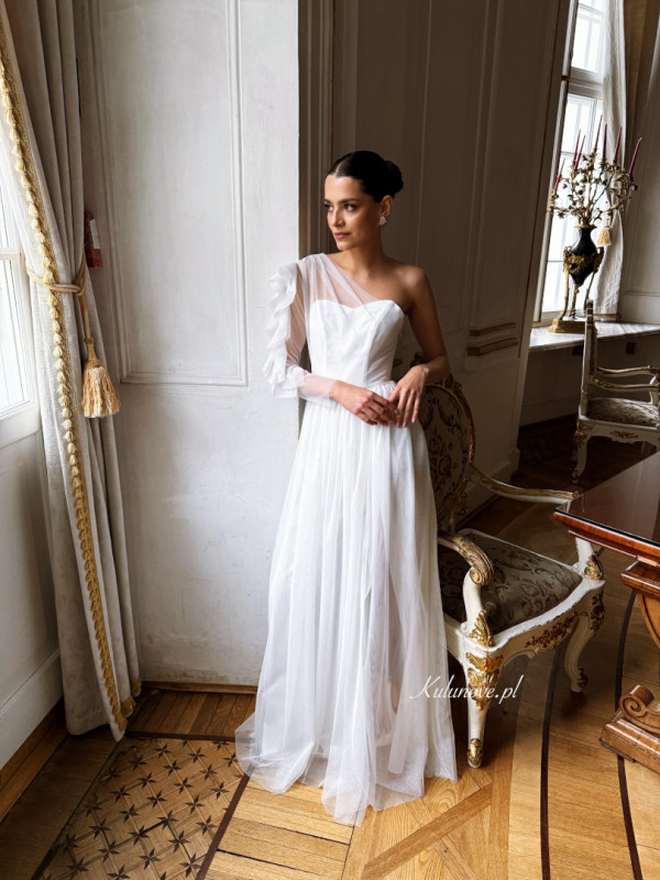 Savannah - wedding maxi dress with brocade in ecru color with decorative sleeve with frill trim