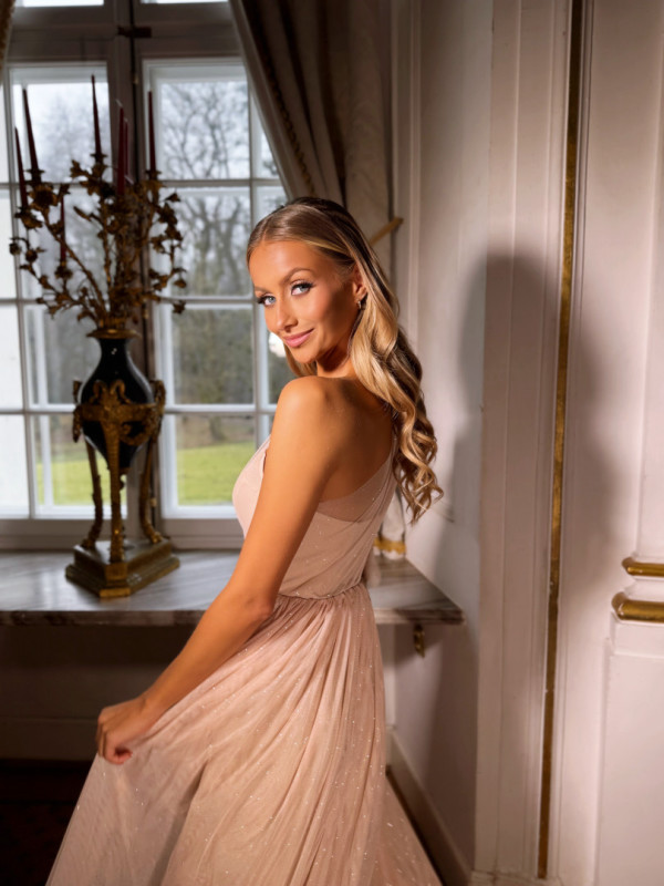 Savannah - gold tulle maxi dress with brocade and asymmetrical sleeves