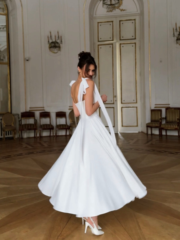 Scarlet - wedding midi dress with shoulder ties and heart neckline