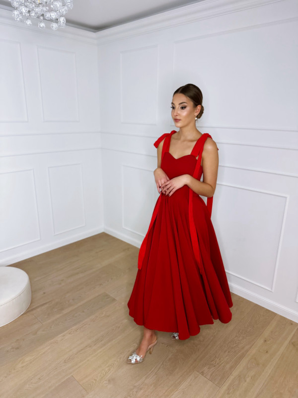 Scarlet - red glamorous midi dress with shoulder ties and heart neckline