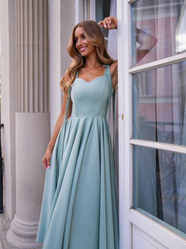 Scarlet - sage midi dress with heart neckline and decorative ties