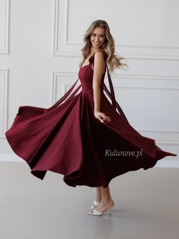 Scarlet - elegant burgundy midi dress with romantic neckline