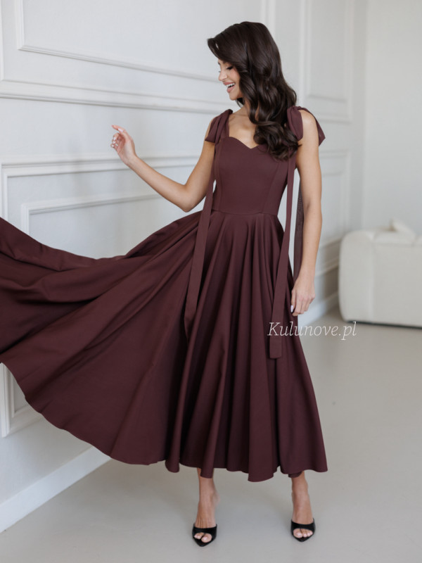 Scarlet - chocolate midi dress with heart neckline and shoulder ties