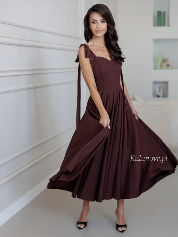 Scarlet - chocolate midi dress with heart neckline and shoulder ties