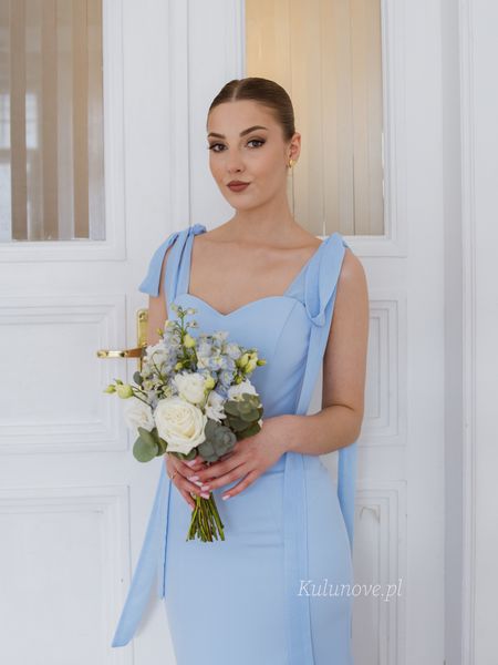 Scarlet fish-cut - blue fitted dress with a heart neckline and bows on the shoulders perfect for a wedding