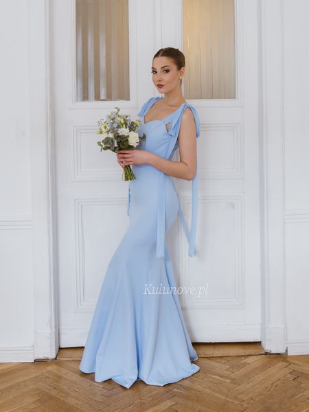 Scarlet fish-cut - blue fitted dress with a heart neckline and bows on the shoulders perfect for a wedding