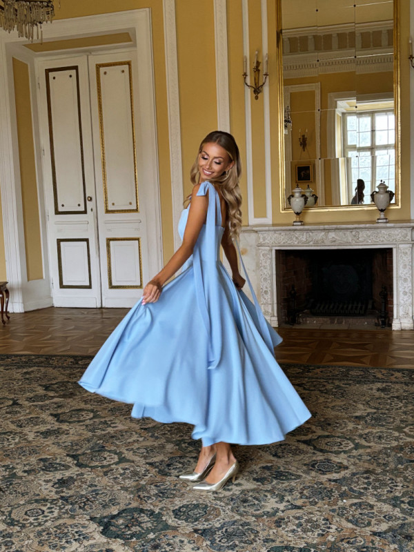 Scarlet - blue midi length dress with tied straps