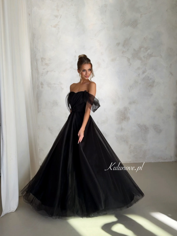 Selena - corseted black tulle maxi dress with plunging sleeves