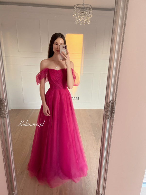 Selena - long corset tulle gown in fuchsia with falling sleeves