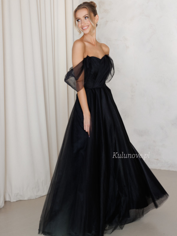 Selena - corseted black tulle maxi dress with plunging sleeves