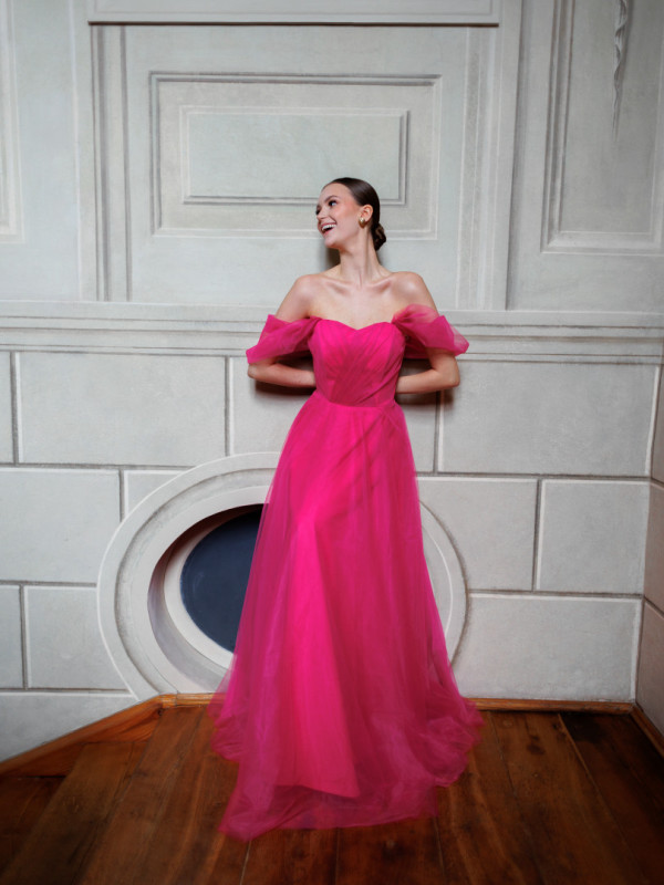 Selena - long corset tulle gown in fuchsia with falling sleeves