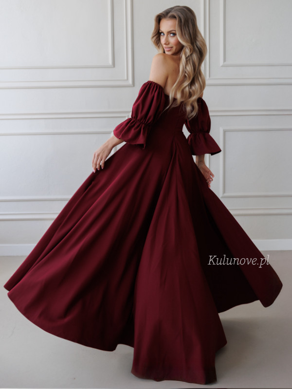 Seniorita maroon - long corseted flared gown with falling sleeves