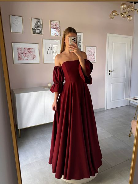 Seniorita maroon - long corseted flared gown with falling sleeves