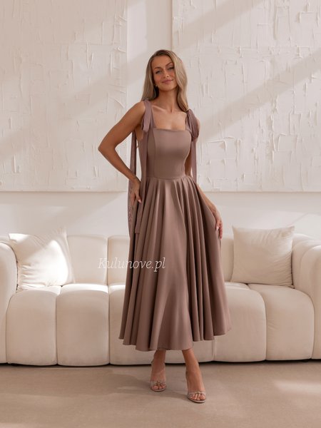 Pamela - a flared, romantic midi dress in cappuccino with a tie-up detail at the shoulders