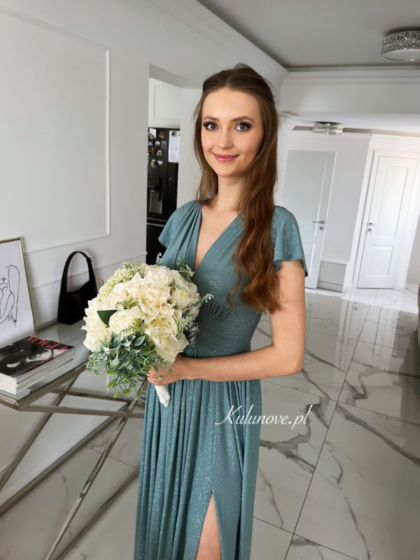 Andromeda - brocade long dress in sage color with wide waist belt