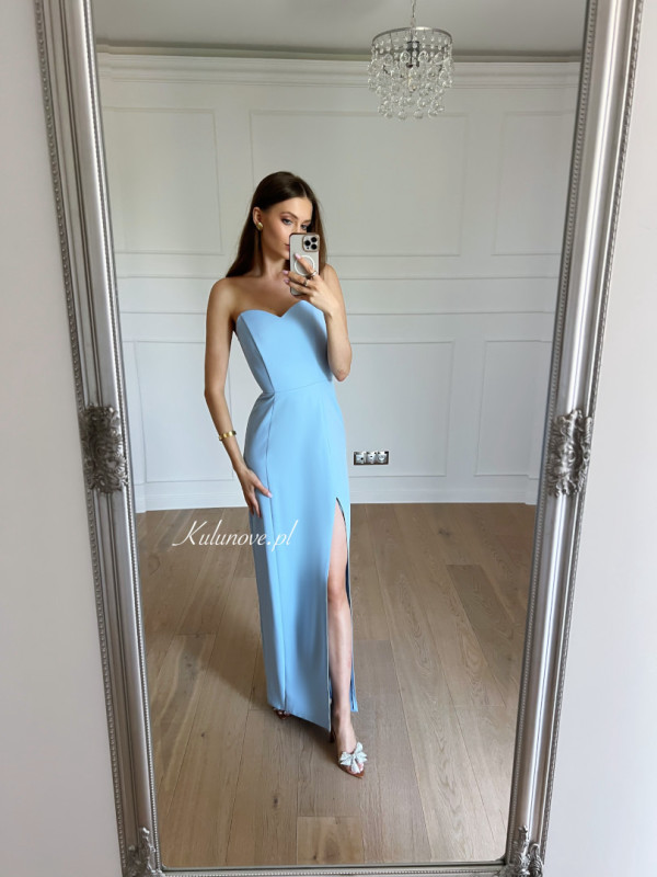 Leandra blue - pencil long dress with heart neckline and open shoulders