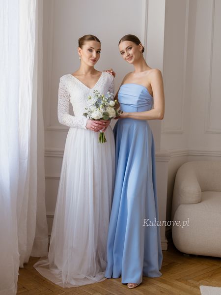 Tess - elegant blue strapless maxi dress with decorative neckline perfect for a wedding