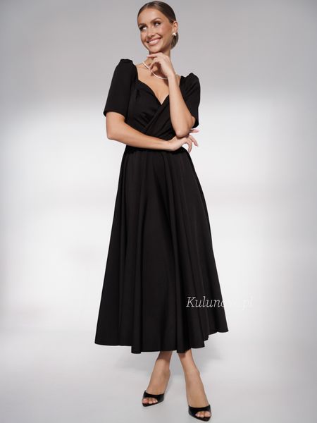 Tina - black midi dress with overlap neckline