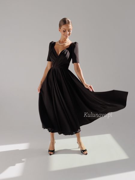 Tina - black midi dress with overlap neckline