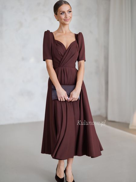 Tina - chocolate midi length dress with envelope neckline
