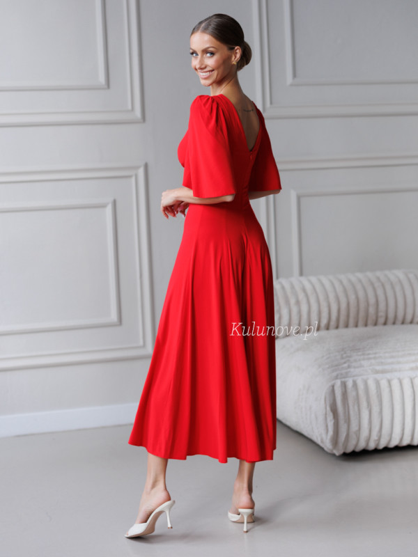 Sydney - red midi dress with V neckline made of viscose