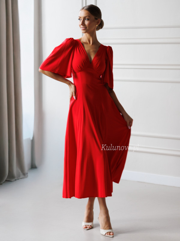 Sydney - red midi dress with V neckline made of viscose