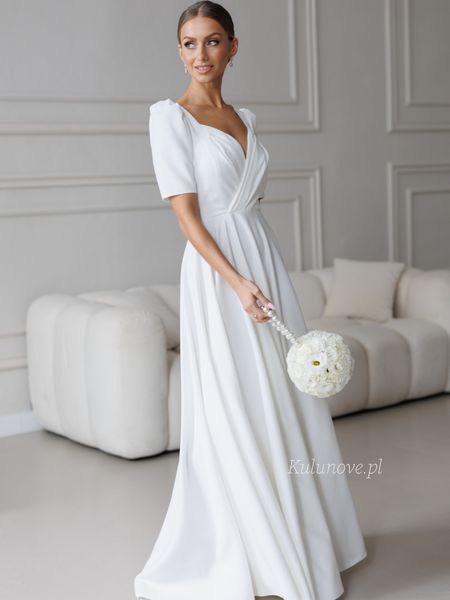 Tina - flared maxi wedding dress with pleat, overlap neckline and short sleeves