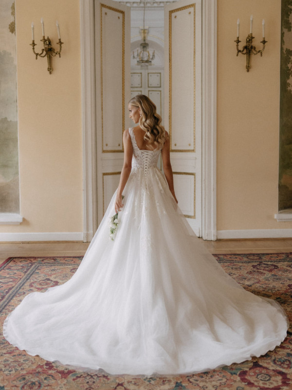 Michaela - a richly embellished PREMIUM wedding dress with thicker straps and an impressive train
