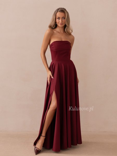 Tess - maroon elegant maxi evening dress with subtle crease