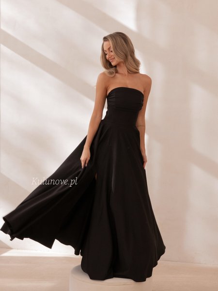 Tess - a black corset-style maxi dress with elegant draping