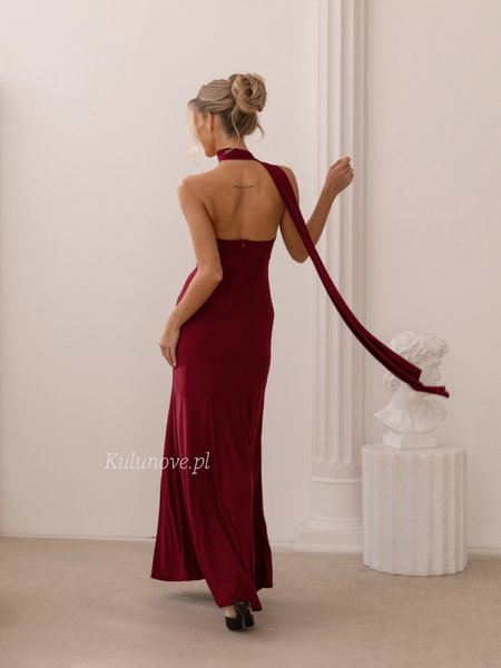Tiffany - burgundy off-the-shoulder maxi dress with a neck tie