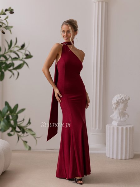 Tiffany - burgundy off-the-shoulder maxi dress with a neck tie