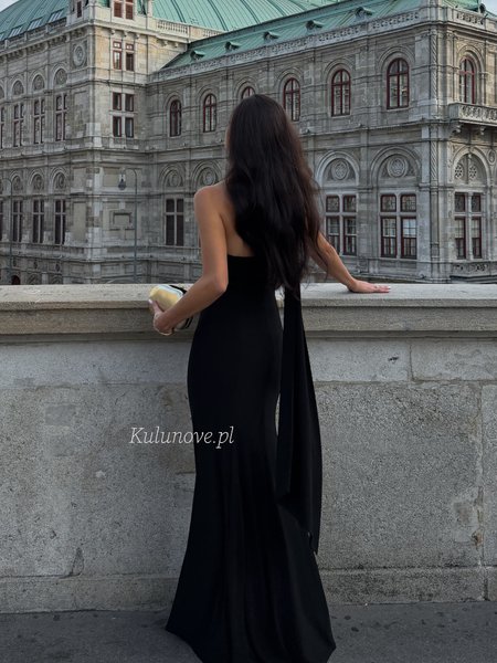 Tiffany - black maxi dress with an asymmetrical neckline and a tie at the neck
