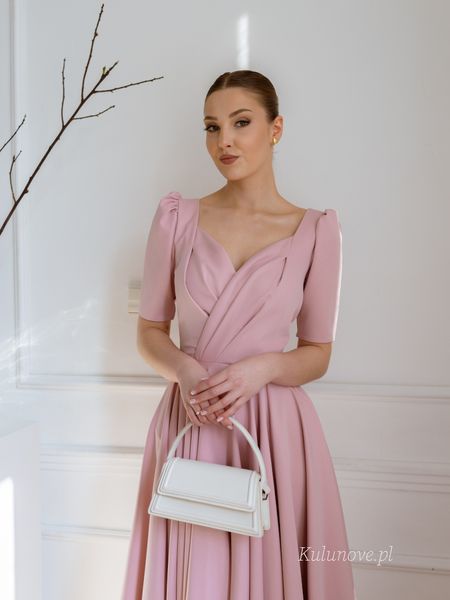 Tina midi - elegant dress in dirty pink with envelope neckline and sleeves