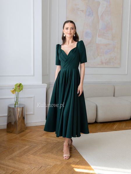 Tina midi - dress in bottle green with envelope neckline