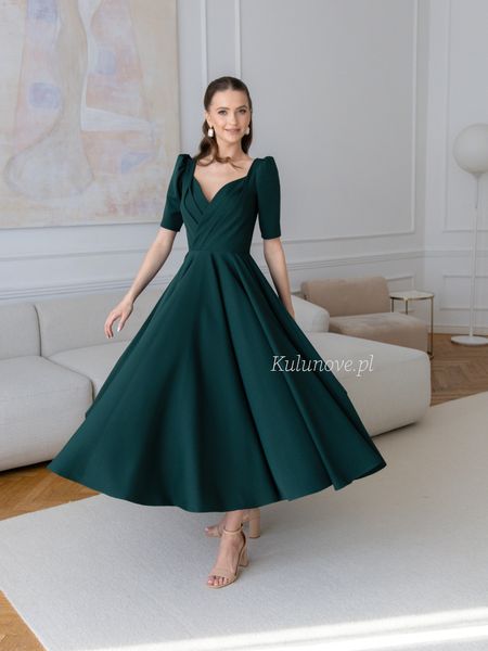 Tina midi - dress in bottle green with envelope neckline